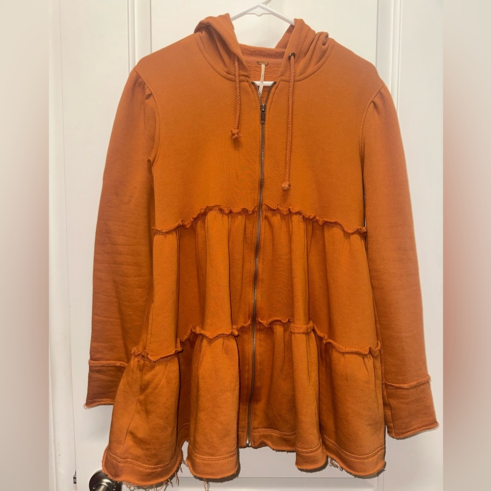 Free People Tiered Trapeze Zip-Up Sweatshirt Hoodie Drawstring Pockets Top XS - Picture 1 of 4